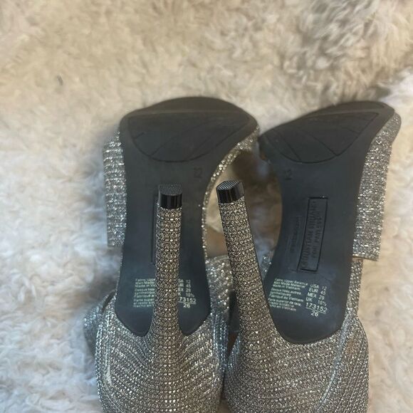 Christian Siriano Silver Shimmer strappy 3.5" Heels Open Toe Ankle Strap SZ12 - Picture 9 of 9
